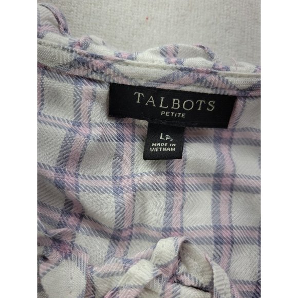 NEW - Talbots Women Petite Lp White Pink Plaid Button Up Ruffle Neck Western - Picture 3 of 7